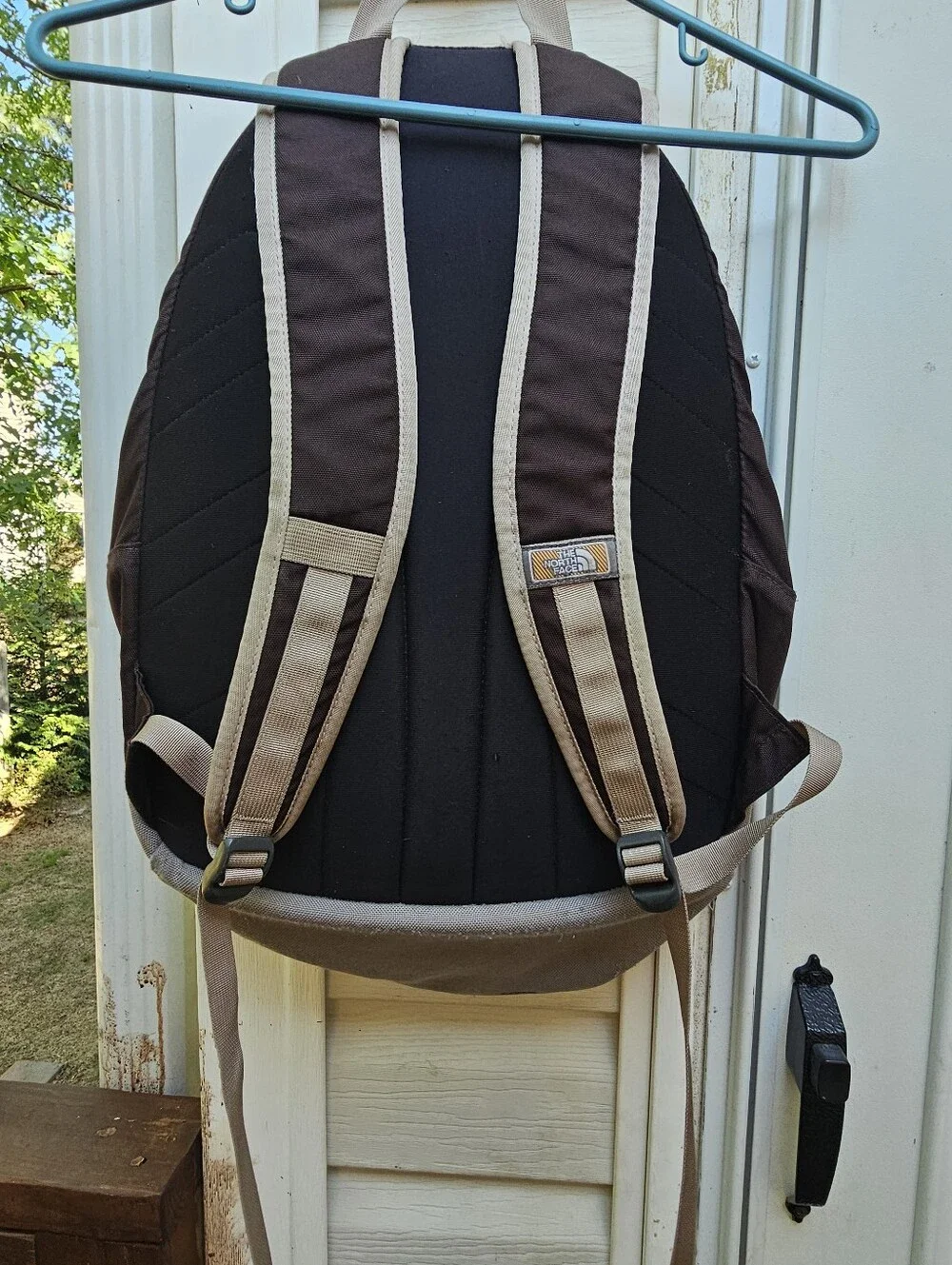 North Face Vault Backpack Brown Lime Green Embroidered Hiking Laptop Flaw Stains